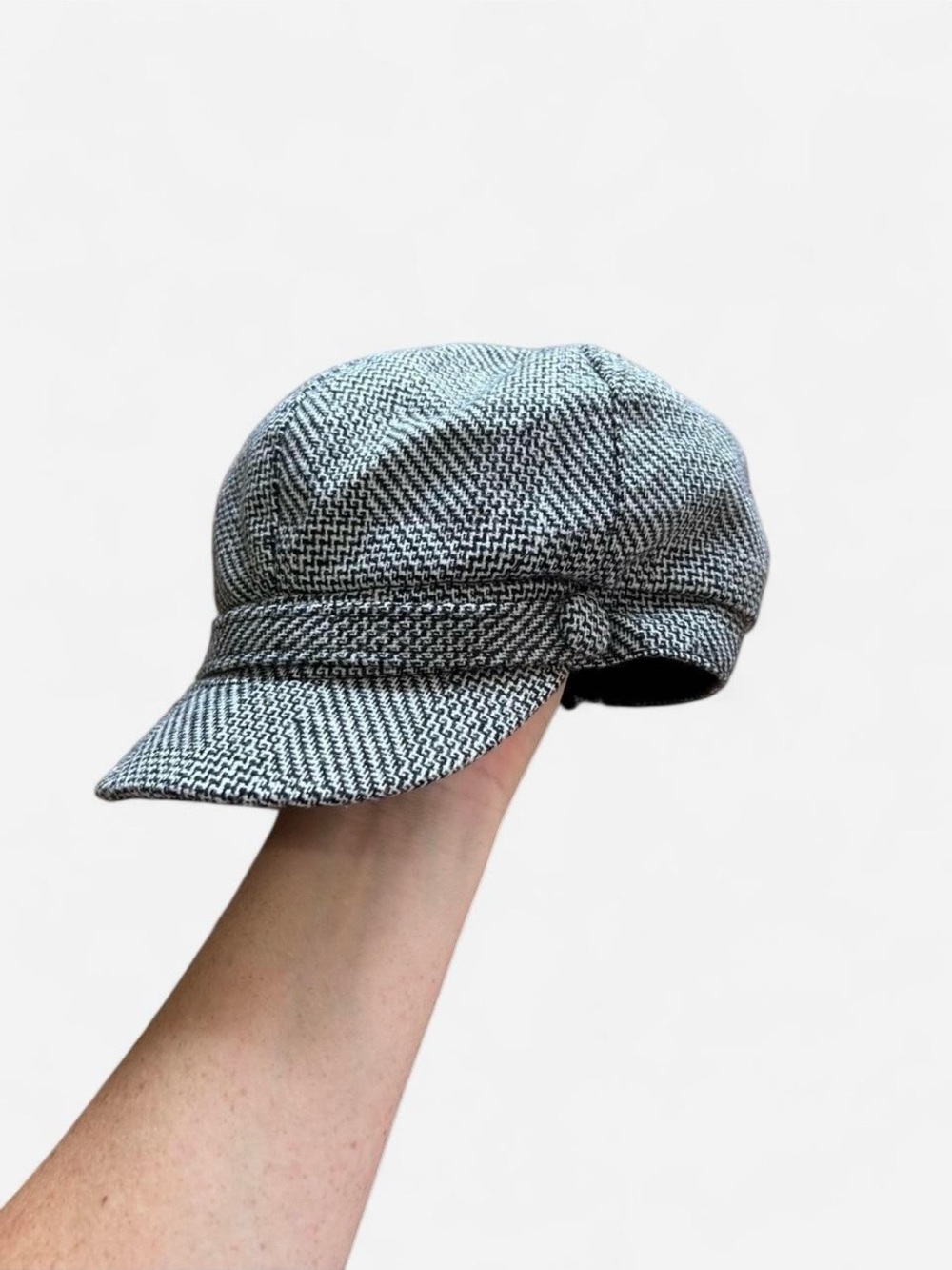 y2k Grey White Herringbone Newspaper Boy Cap Tweed Hat Button Elastic Back OS